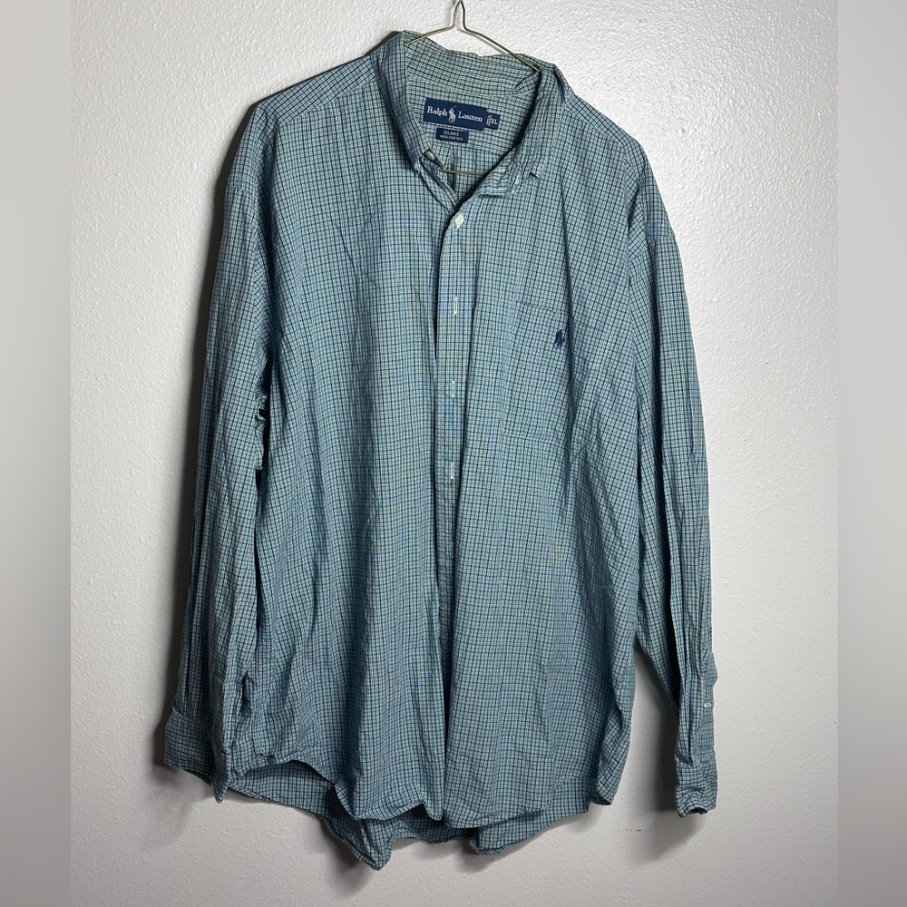 Ralph Lauren Men Button Down Long Sleeve Shirt Blake Cotton Green‎ Plaid size XL